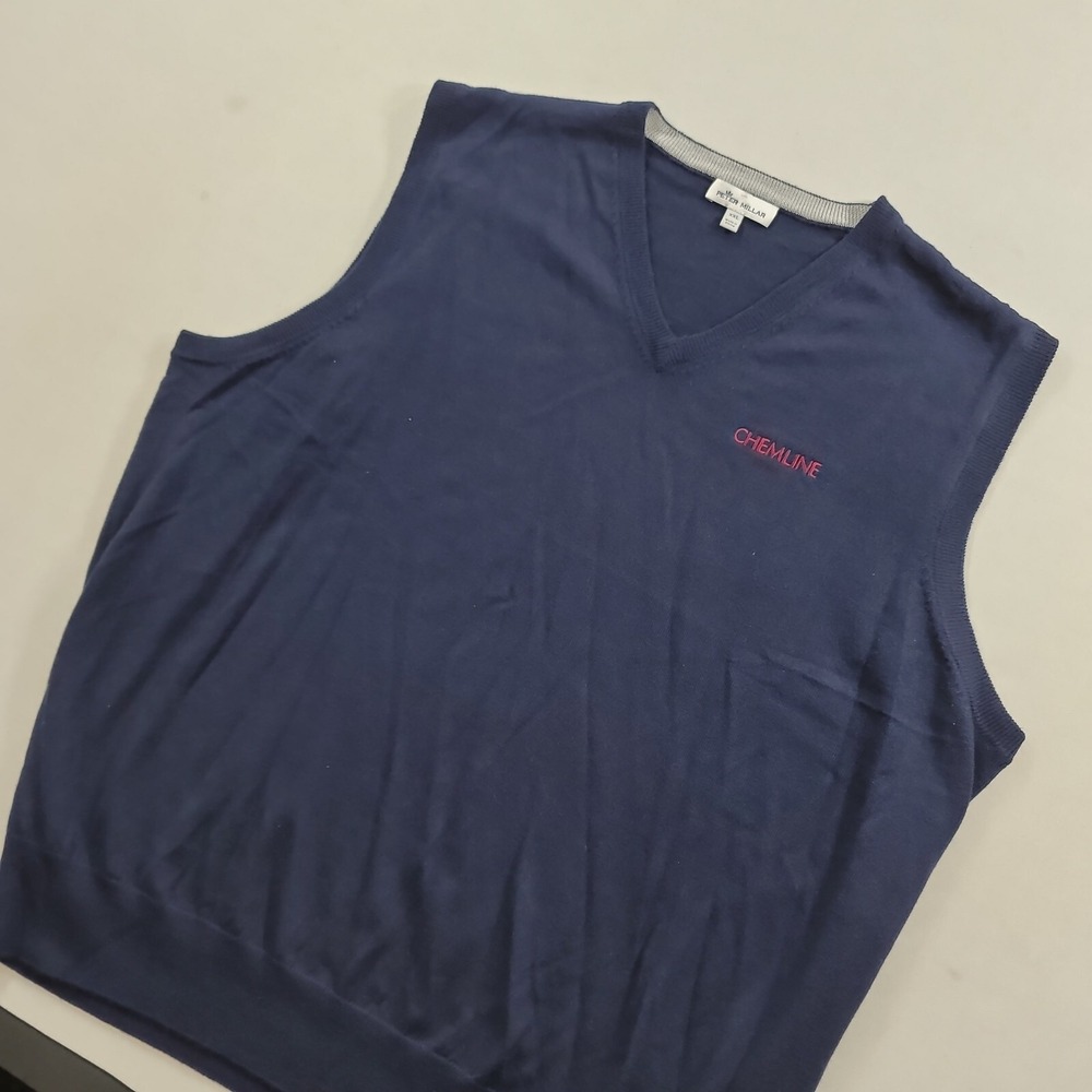 Peter Millar Golf Sweater Vest Mens 2XL Navy Blue Merino‎ Wool Silk Co. Logo - Picture 4 of 9